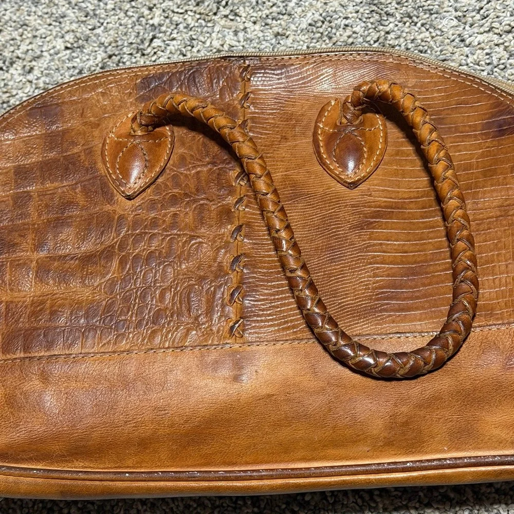 Vintage Fossil Brown Genuine Leather Croc Embossed Dome Handbag Braided Handles